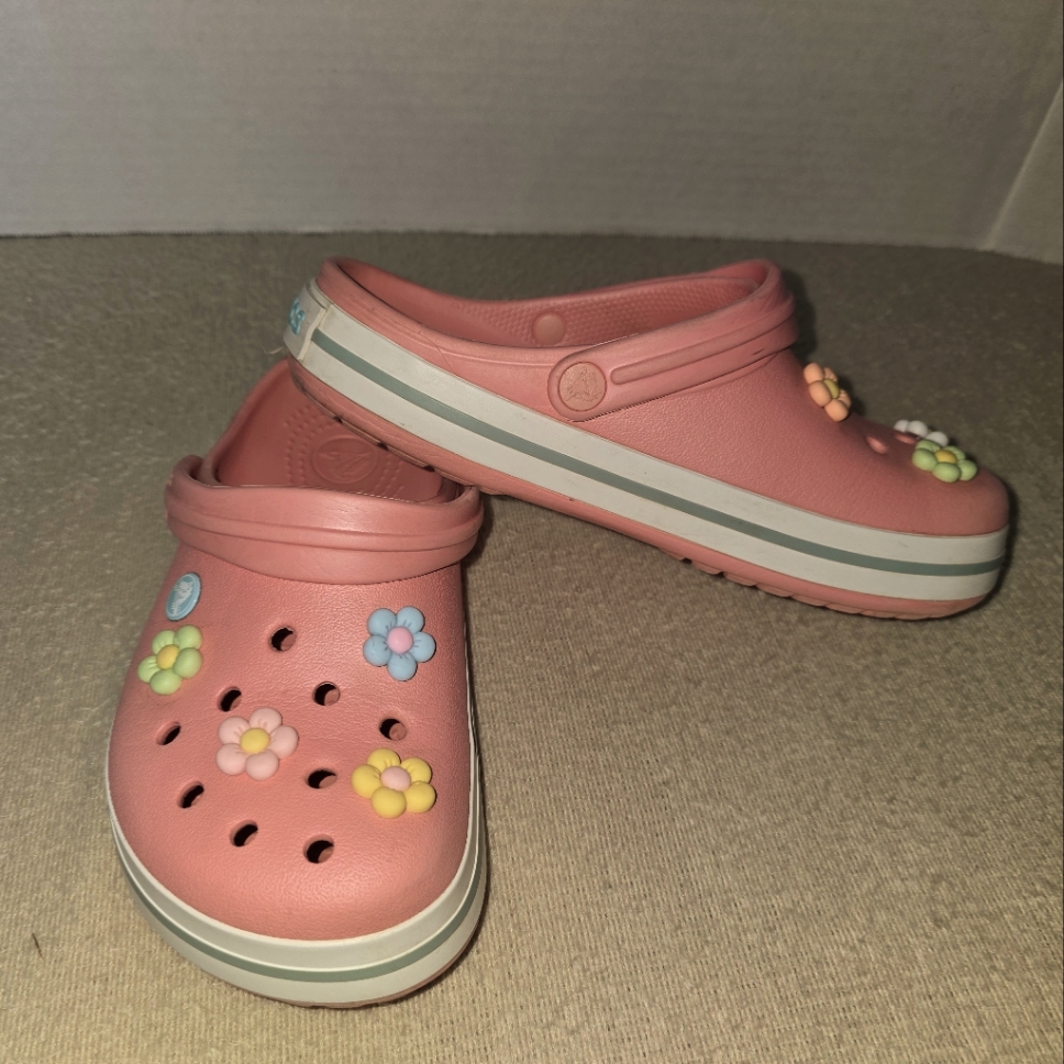 Crocs Crocband Pink With Flower Jibbitz Women's Slip-On Clogs Size 8